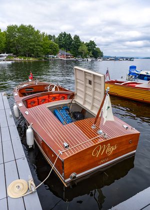 Mahogany runabout tied up at the docks
